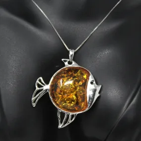 Pendant Necklace, Figural Fish Pendant on Sterling Silver Chain, Amber Stone, Vintage