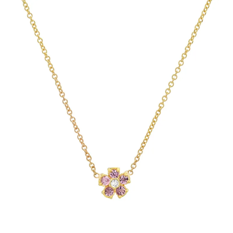 Pink Sapphire Flower Necklace with Diamond Center