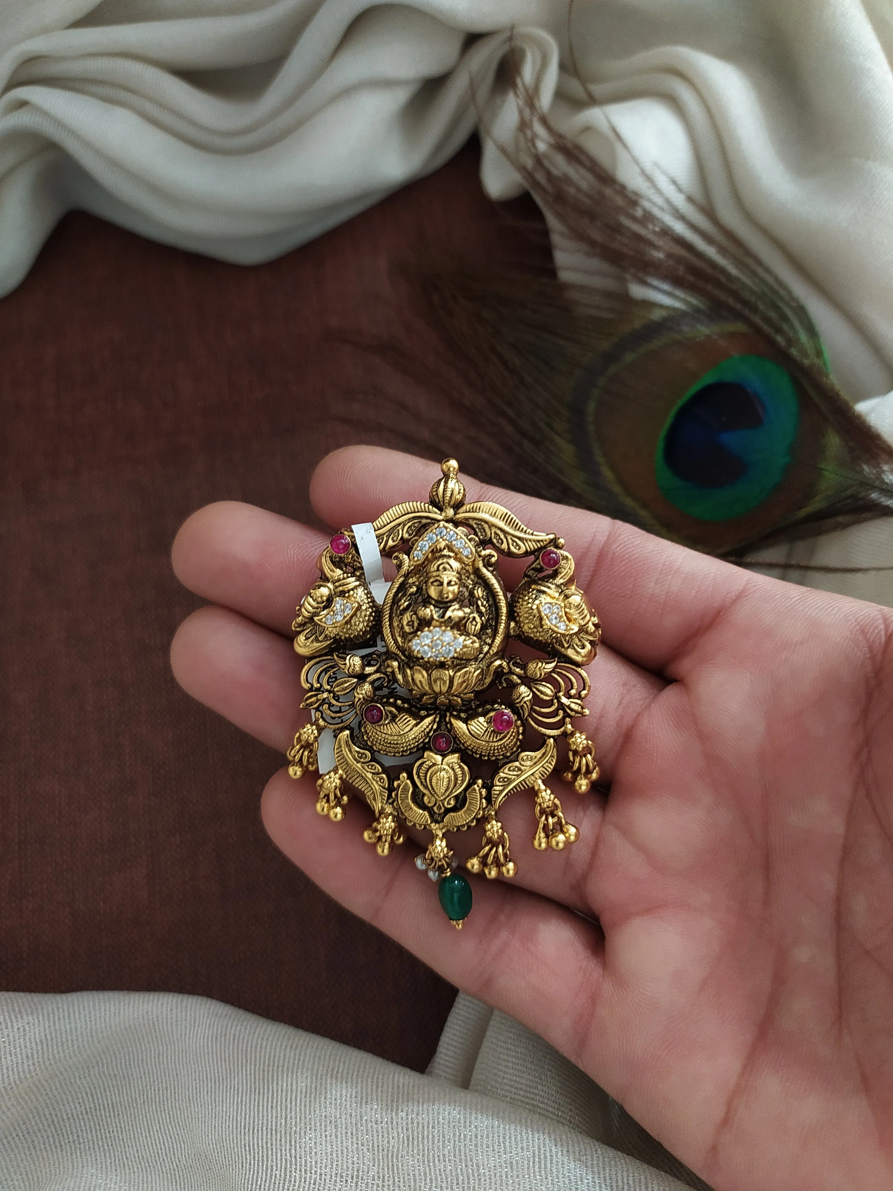 Pure Silver Antique Nakshi Work Lakshmi Pendant with Real Gold-Like Finish and Zircon Stones