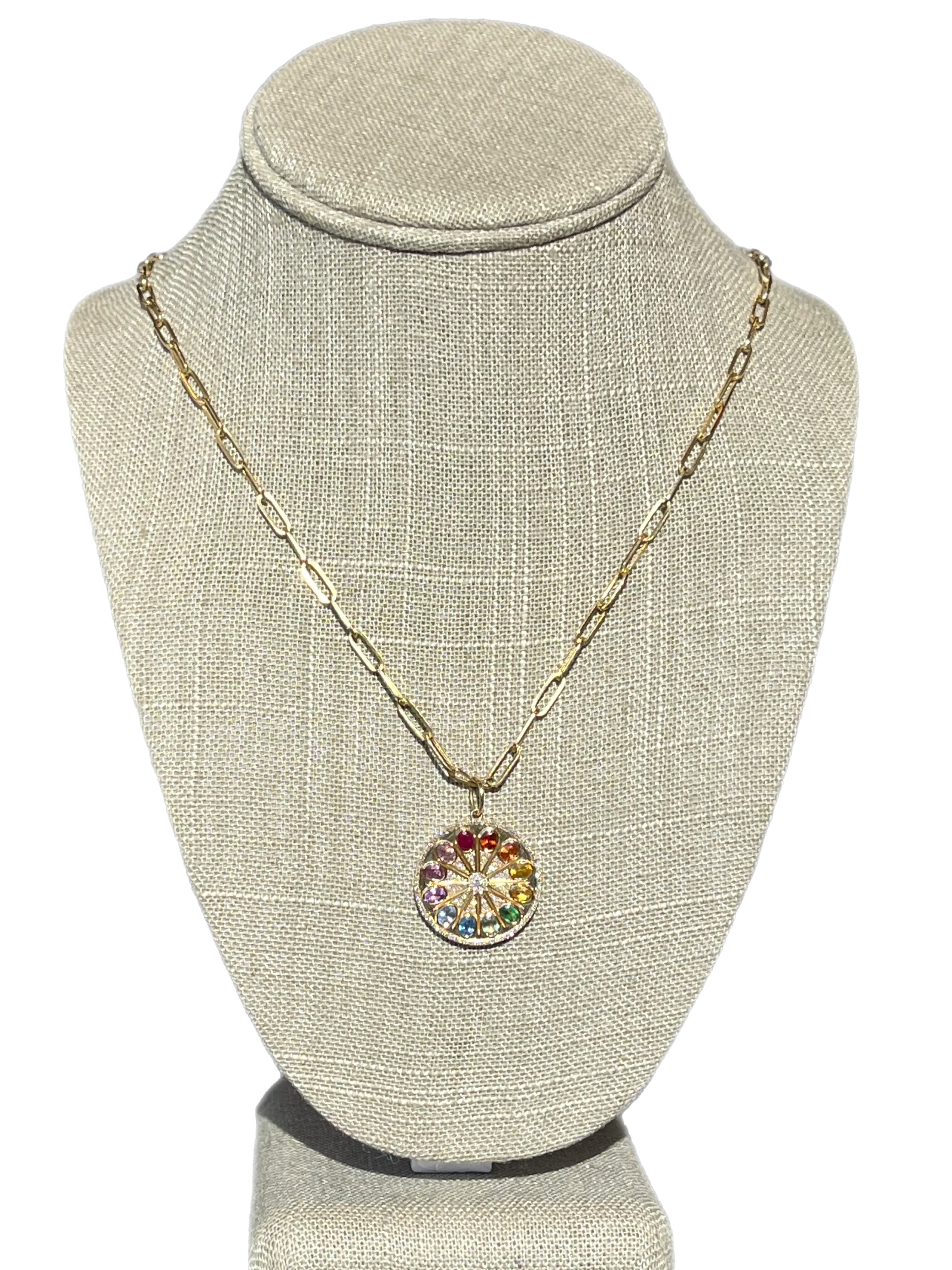 Rainbow sapphire and diamond pendant and on oval 14k chain with lobster clasp