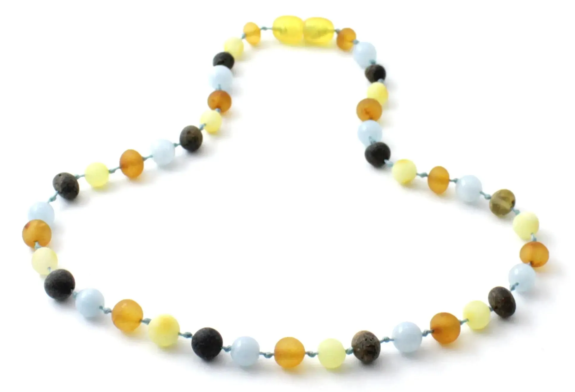 Raw Amber Necklace With Blue Aquamarine Gemstone Beads