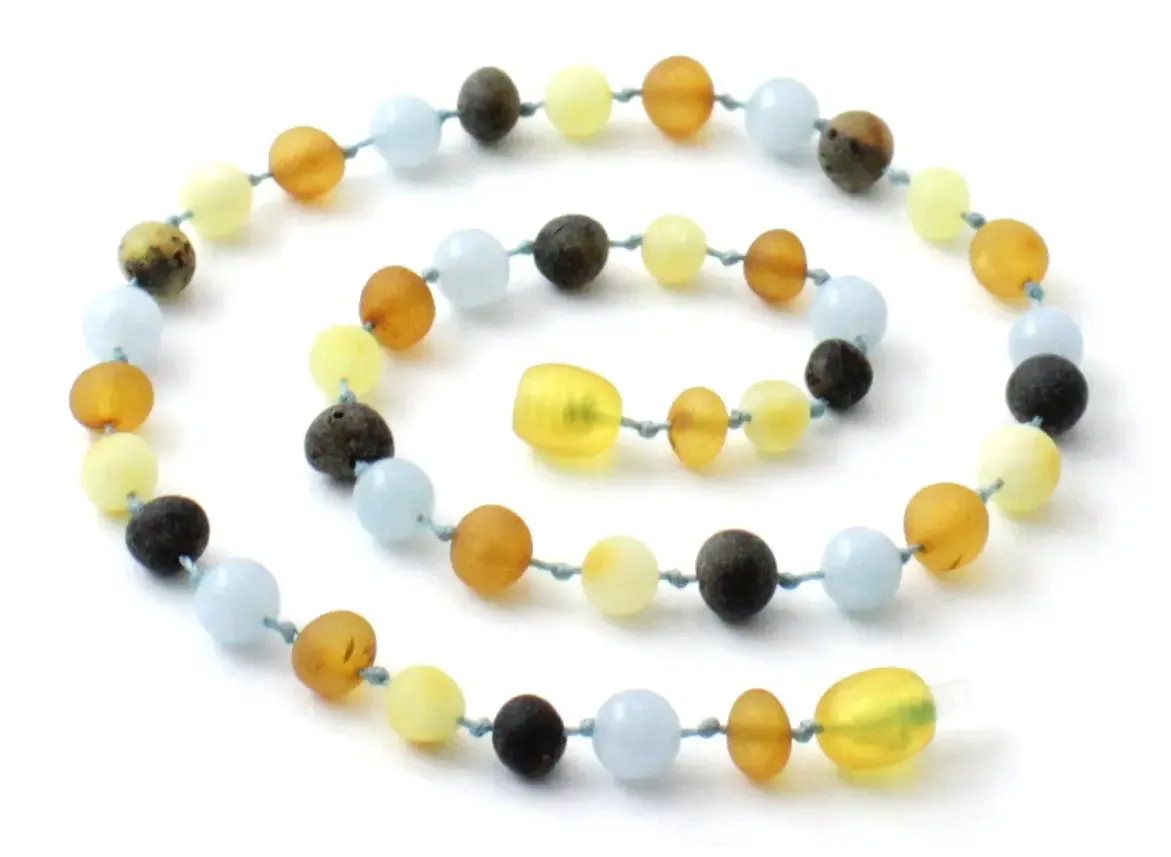 Raw Amber Necklace With Blue Aquamarine Gemstone Beads