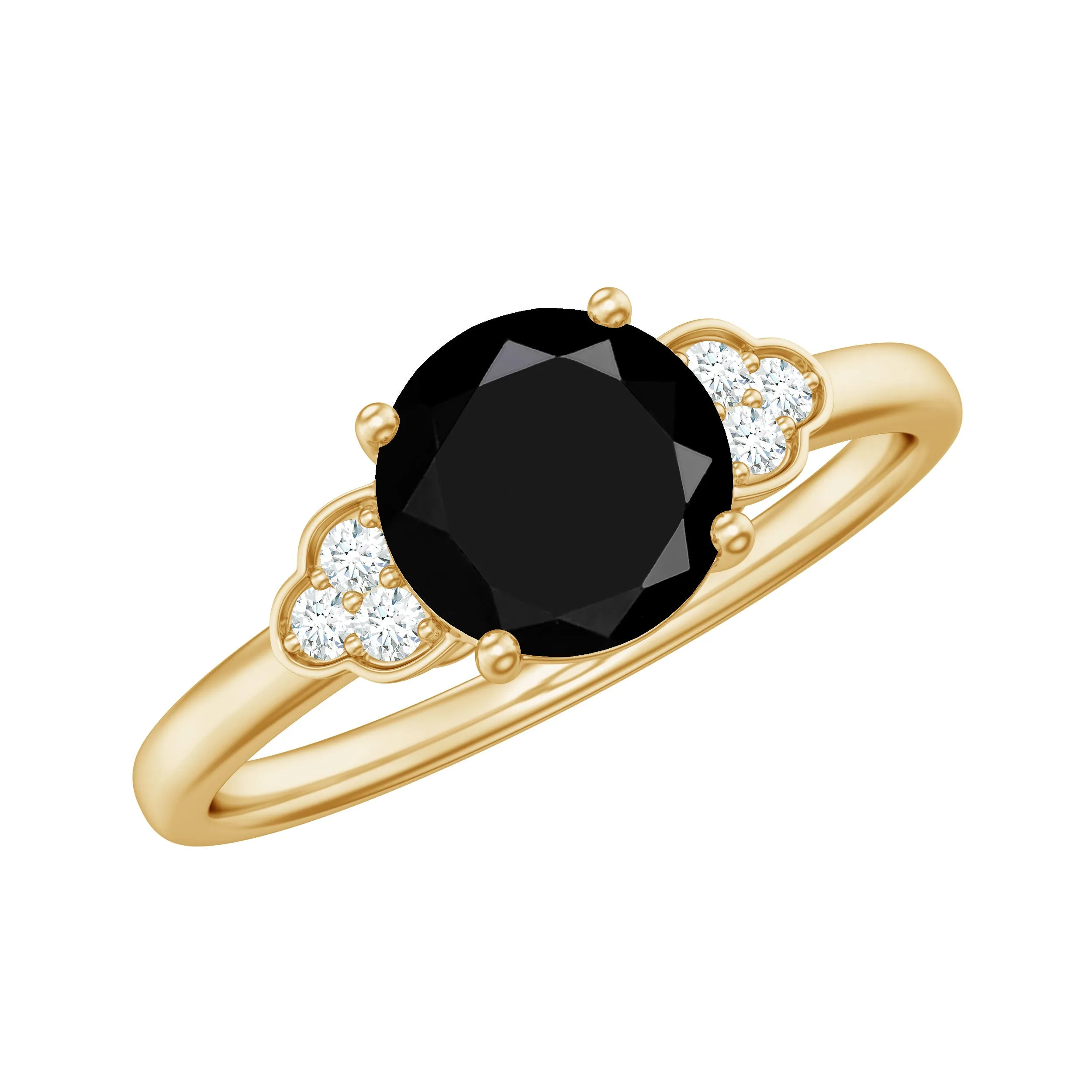 Real Black Onyx Solitaire Engagement Ring with Diamond Trio