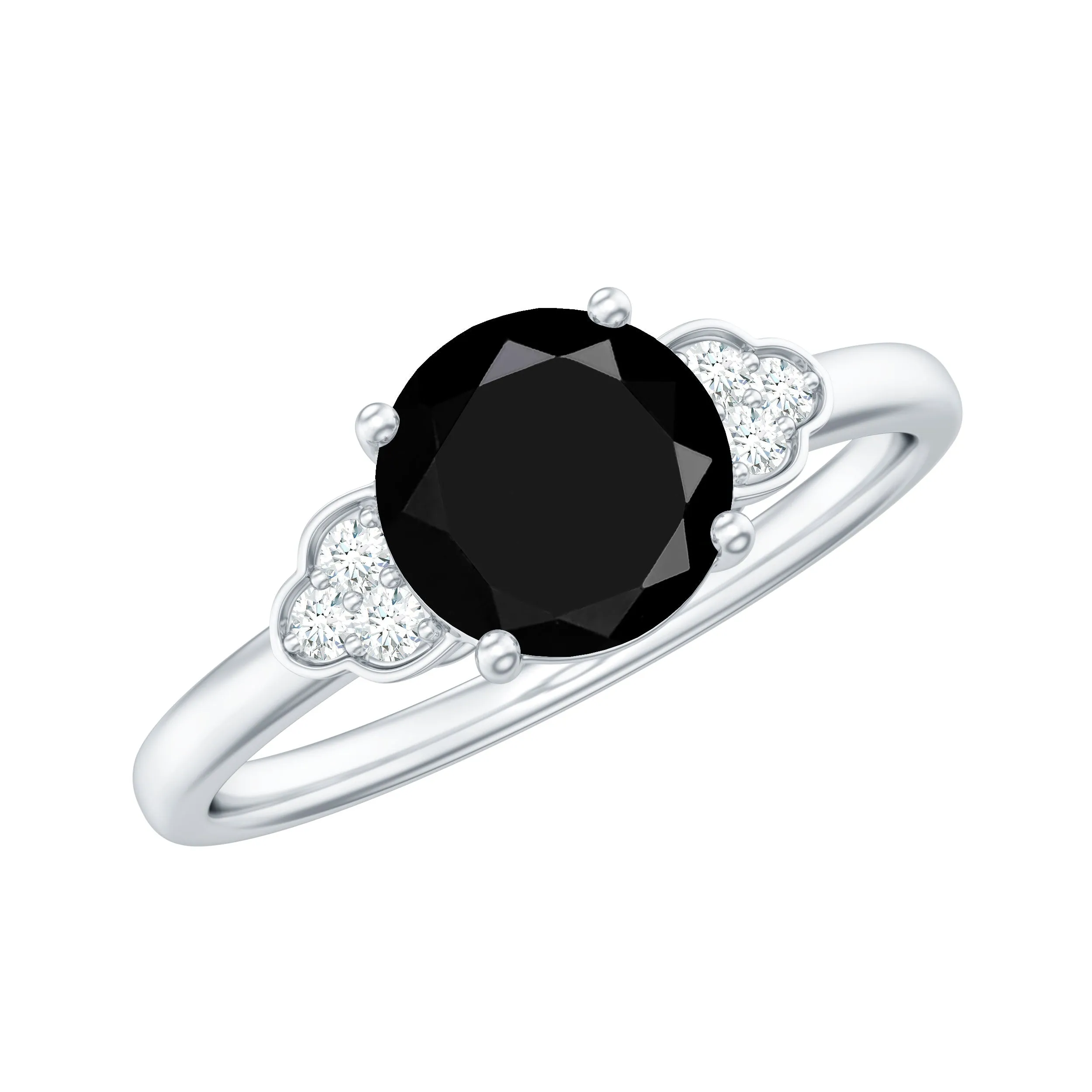 Real Black Onyx Solitaire Engagement Ring with Diamond Trio