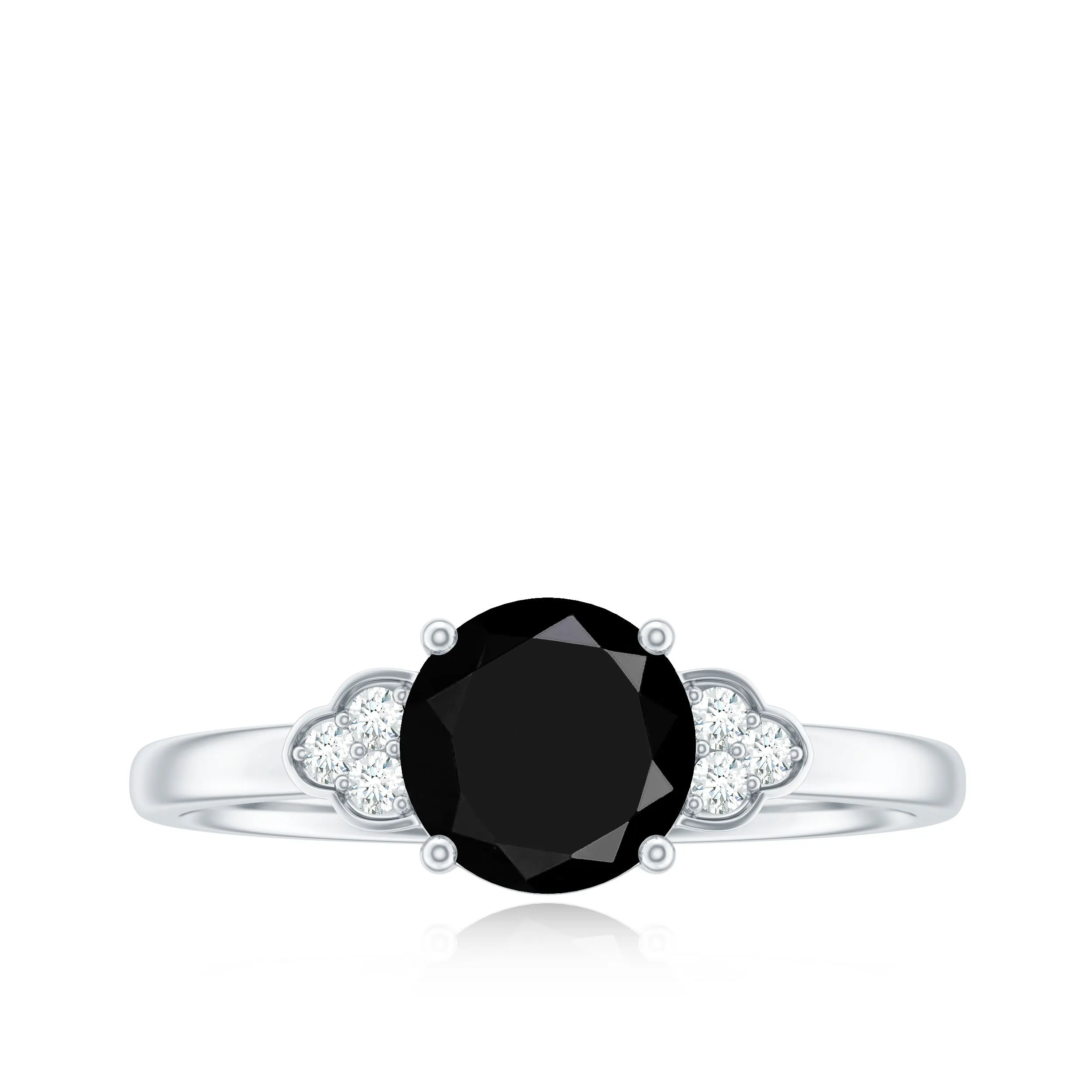 Real Black Onyx Solitaire Engagement Ring with Diamond Trio