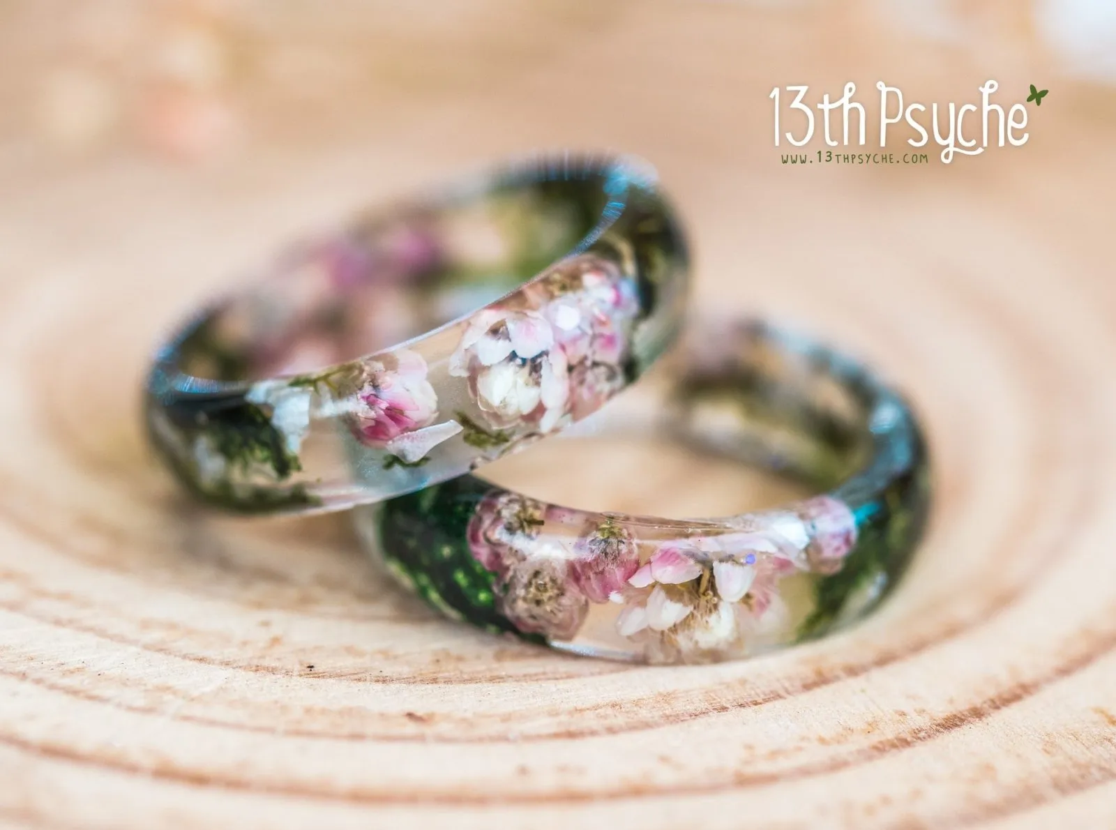 Real moss, Ozothamnus flowers and moonstone resin ring