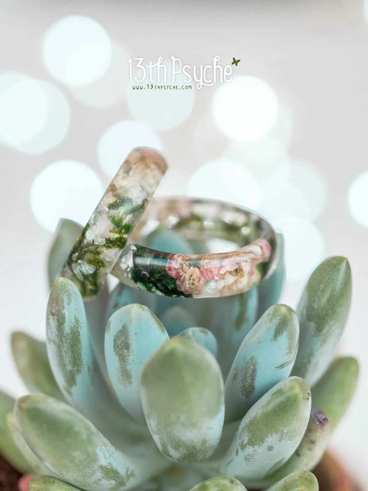 Real moss, Ozothamnus flowers and moonstone resin ring