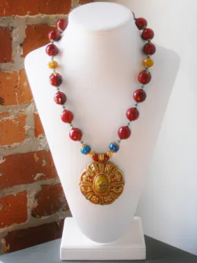 Red Carnelian Azure Blue Repousee Gold Plated Focal Pendant Nepalese Necklace