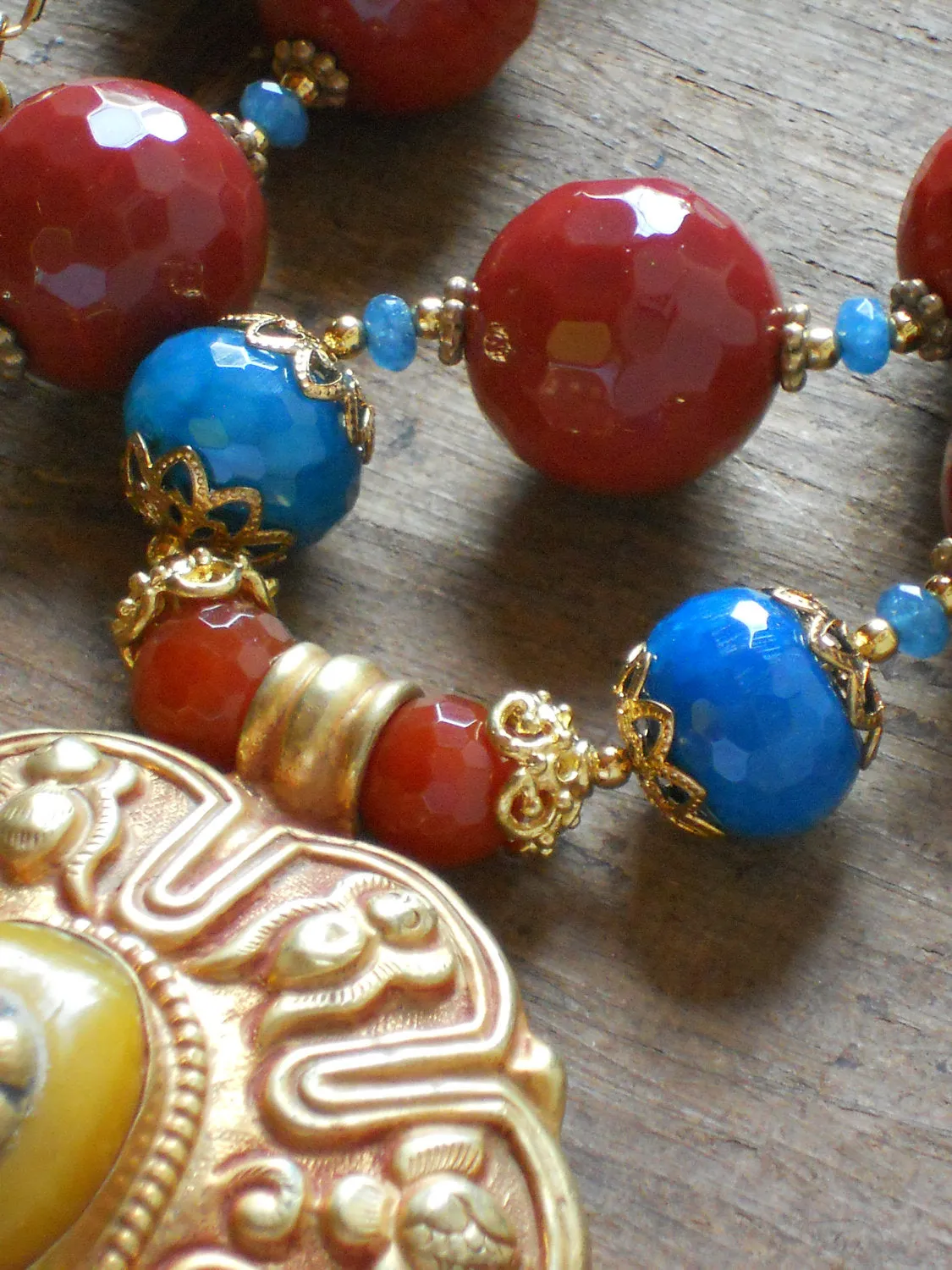 Red Carnelian Azure Blue Repousee Gold Plated Focal Pendant Nepalese Necklace