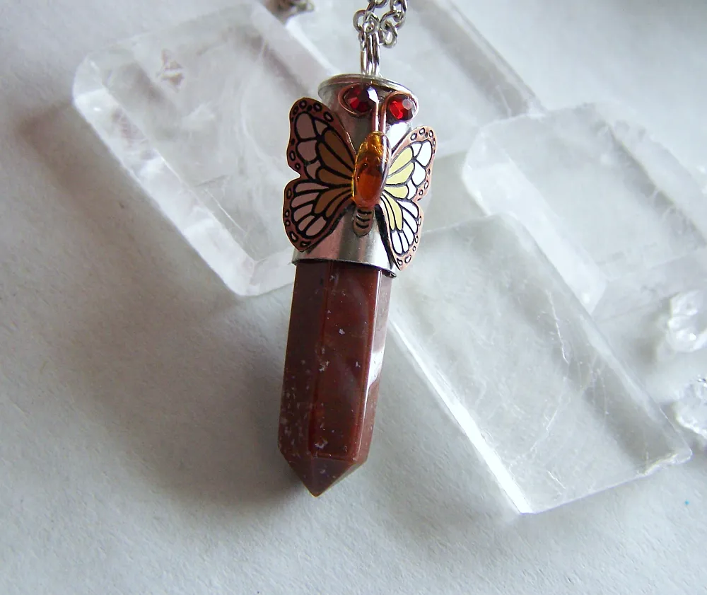 Red Jasper Butterfly Wrapped Silver Bullet Pendant