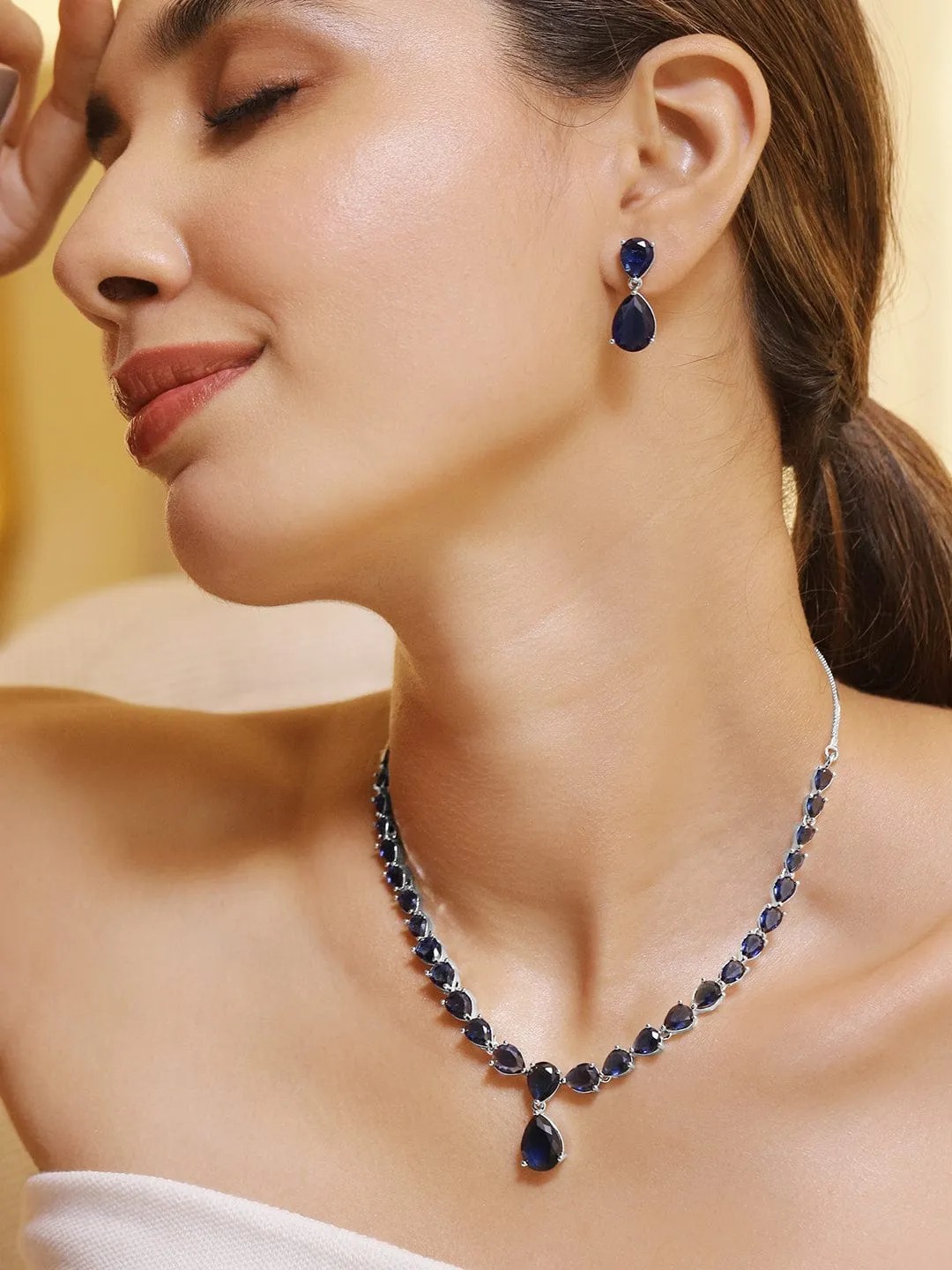 Rhodium Plated Blue Sapphire & Cubic Zirconia Studded Premium Jewelry Set