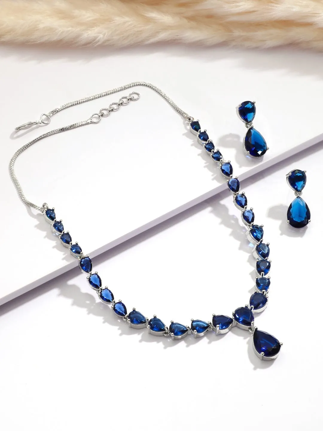 Rhodium Plated Blue Sapphire & Cubic Zirconia Studded Premium Jewelry Set