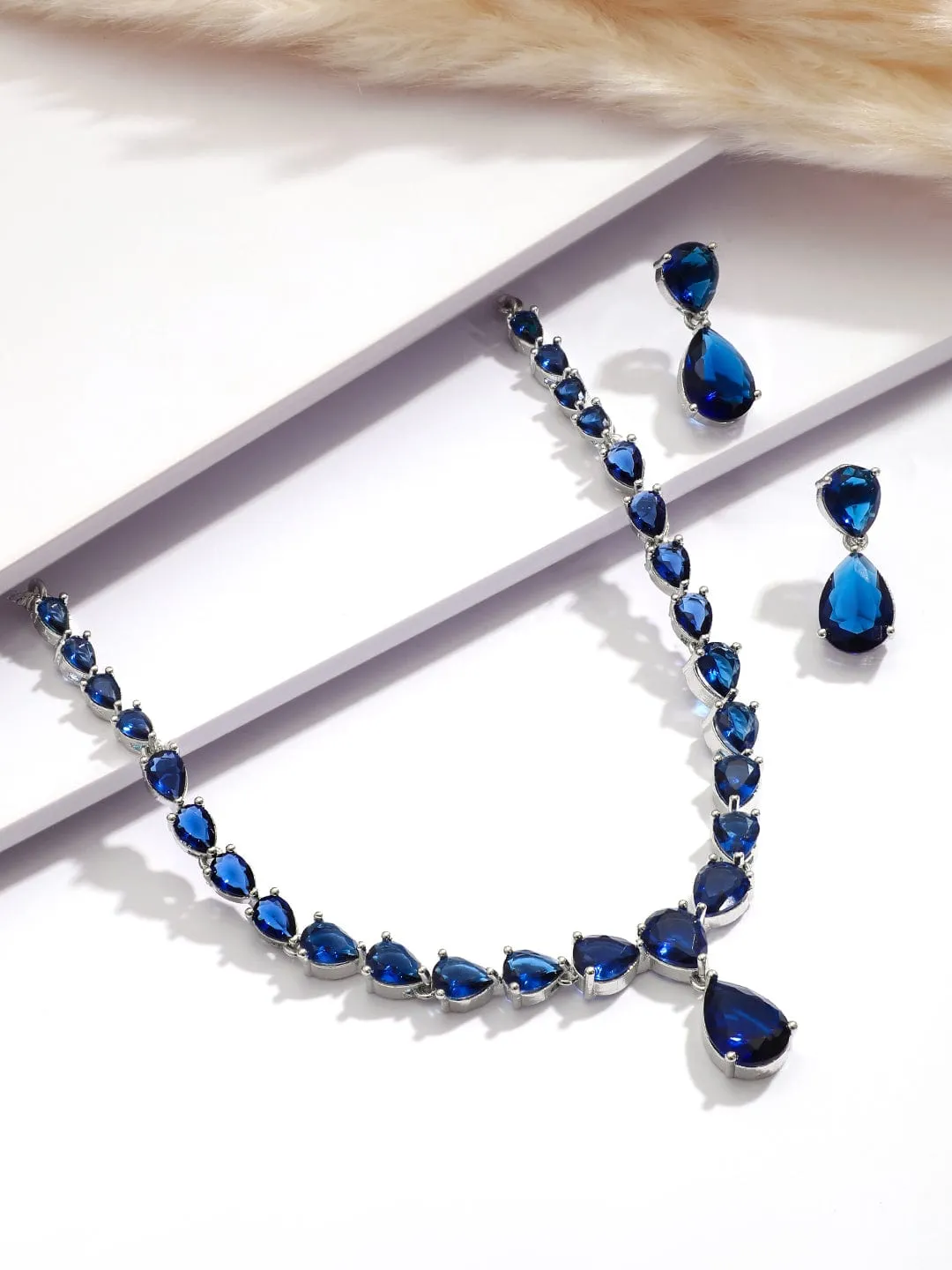 Rhodium Plated Blue Sapphire & Cubic Zirconia Studded Premium Jewelry Set