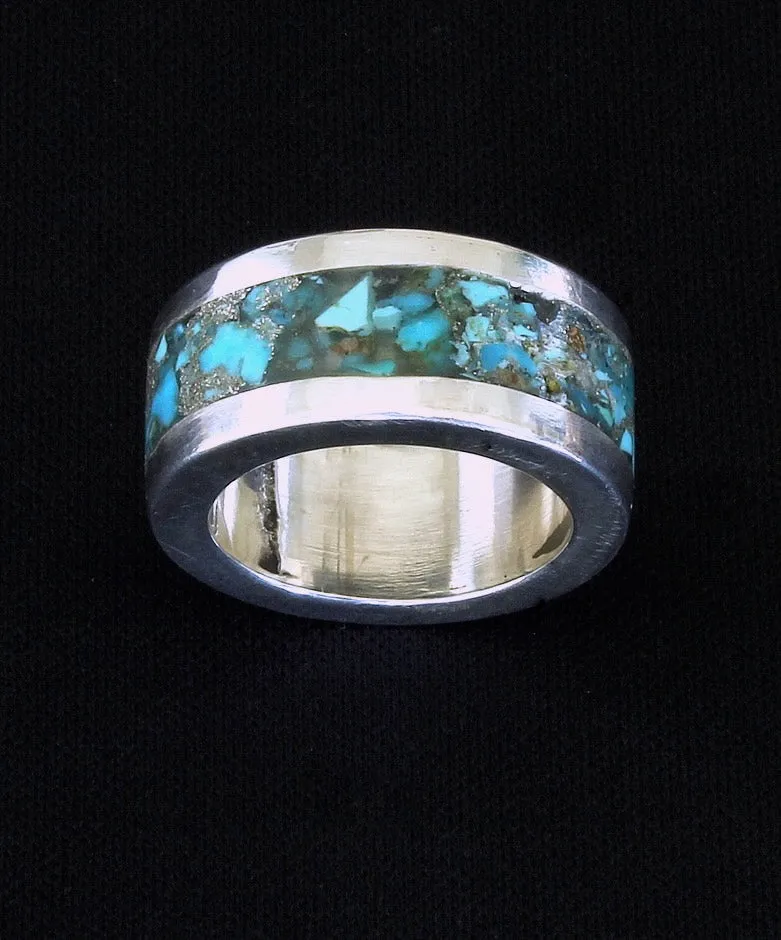 Rolled Sterling Silver Channel Ring with Sterling Rims and Inlaid Turquoise Chip