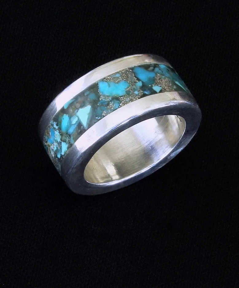 Rolled Sterling Silver Channel Ring with Sterling Rims and Inlaid Turquoise Chip