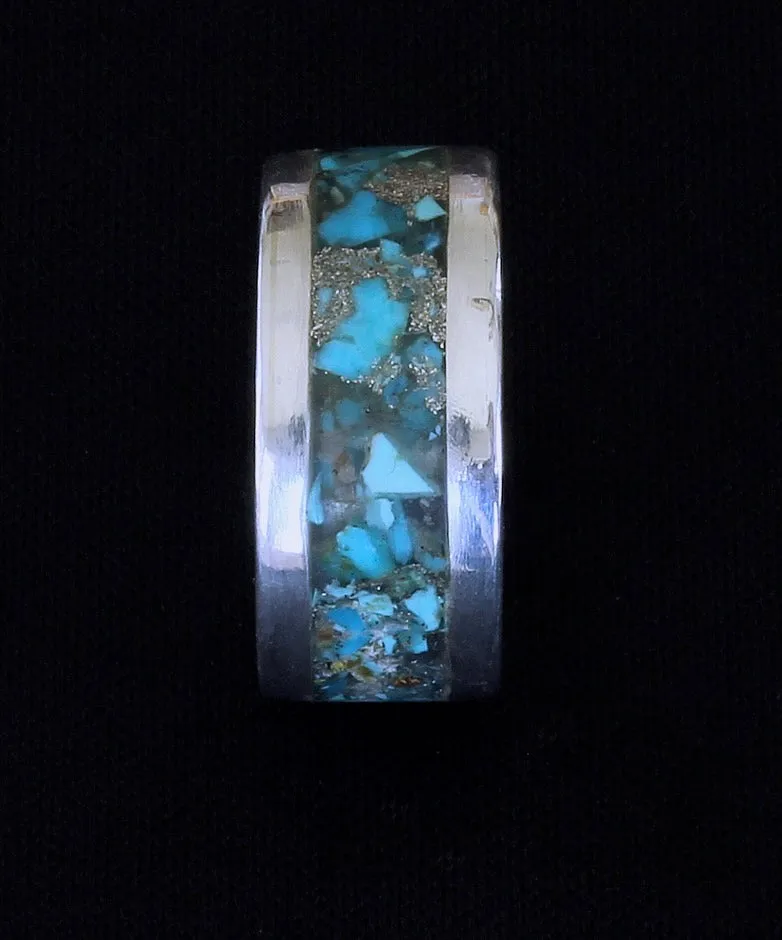 Rolled Sterling Silver Channel Ring with Sterling Rims and Inlaid Turquoise Chip