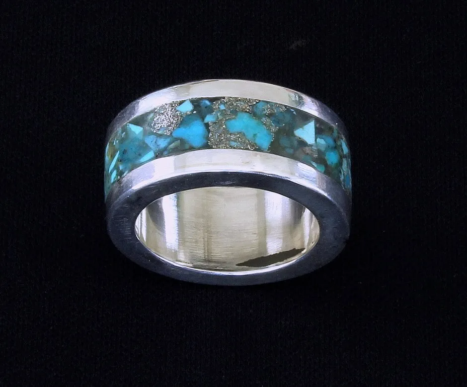 Rolled Sterling Silver Channel Ring with Sterling Rims and Inlaid Turquoise Chip