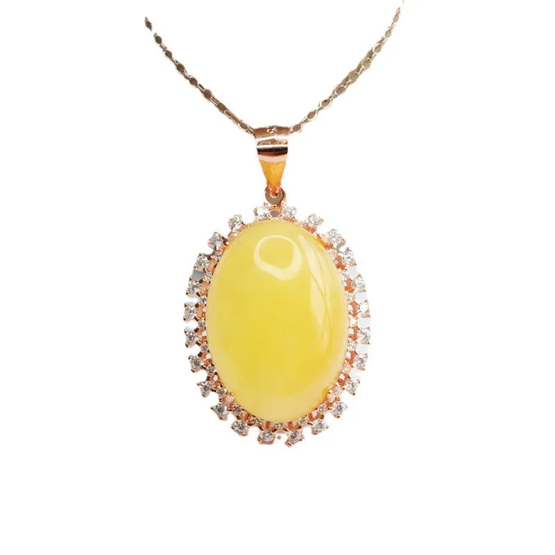 Rose Gold Necklace with Beeswax Amber and Zircon Halo Pendant