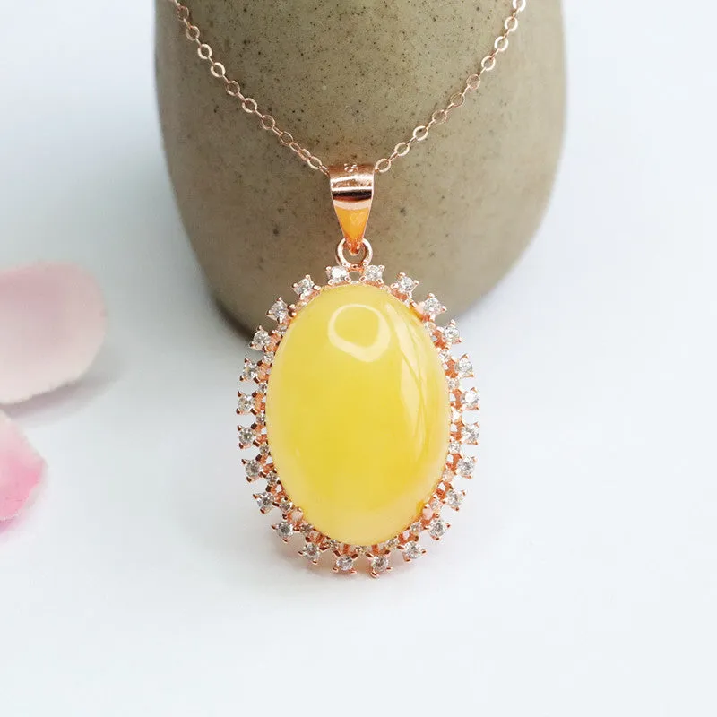 Rose Gold Necklace with Beeswax Amber and Zircon Halo Pendant