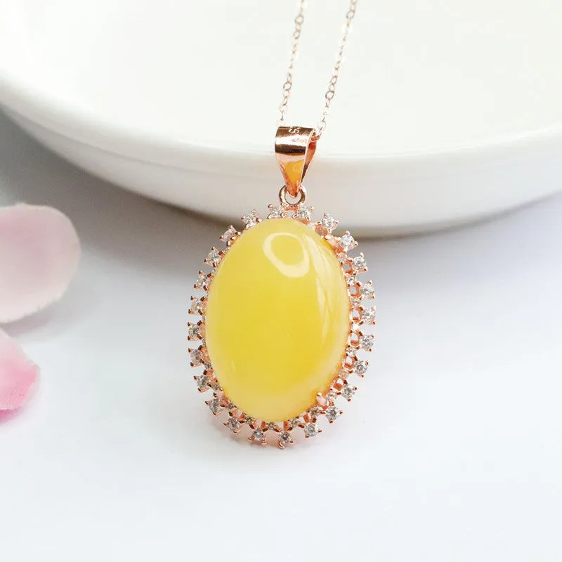 Rose Gold Necklace with Beeswax Amber and Zircon Halo Pendant