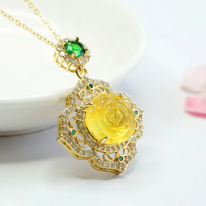 Rose Zircon and Amber Flower Pendant in Ethnic Inspired Design