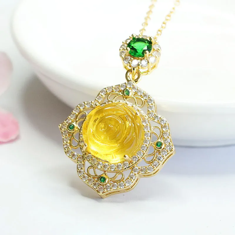 Rose Zircon and Amber Flower Pendant in Ethnic Inspired Design