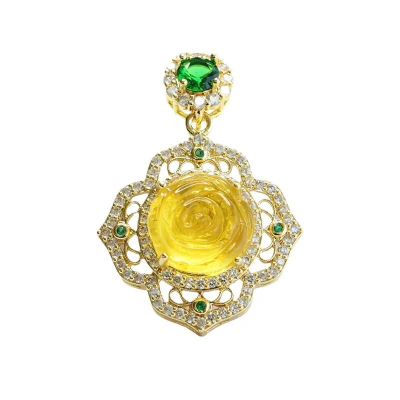 Rose Zircon and Amber Flower Pendant in Ethnic Inspired Design