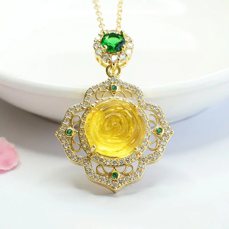 Rose Zircon and Amber Flower Pendant in Ethnic Inspired Design