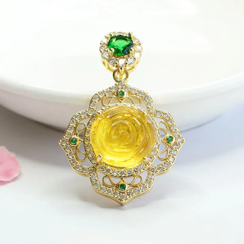 Rose Zircon and Amber Flower Pendant in Ethnic Inspired Design