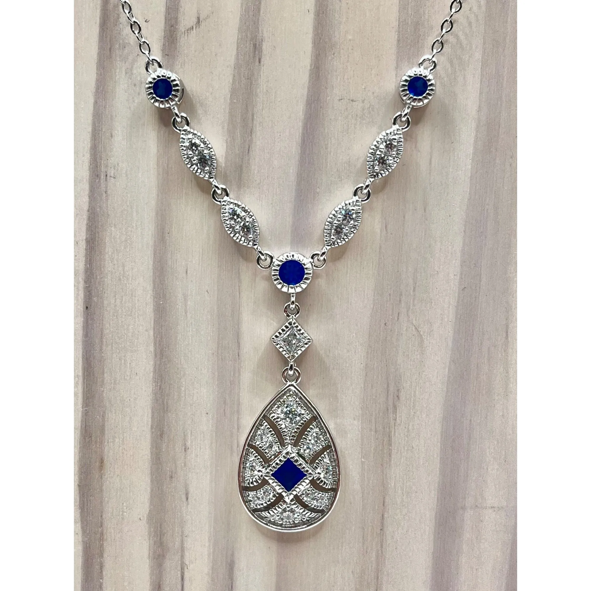 Ross Simons 925 Sterling Silver Sapphire Lariat Y Necklace Pendant Chain CZ