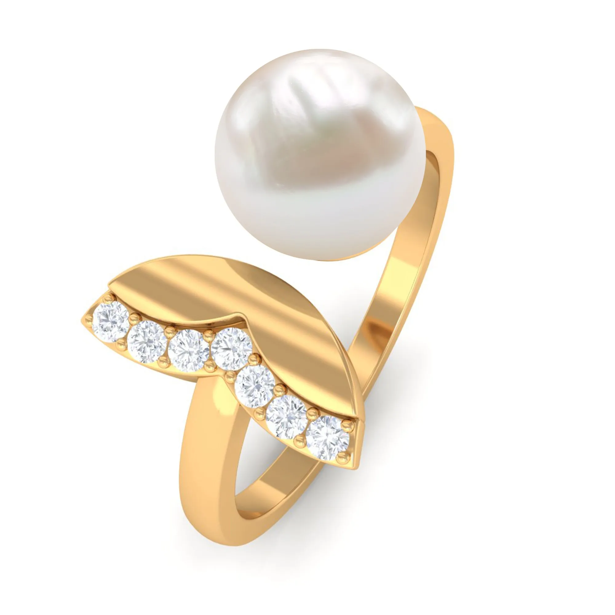 Round Freshwater Pearl Solitaire Cuff Ring with Diamond