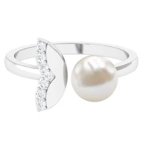 Round Freshwater Pearl Solitaire Cuff Ring with Diamond