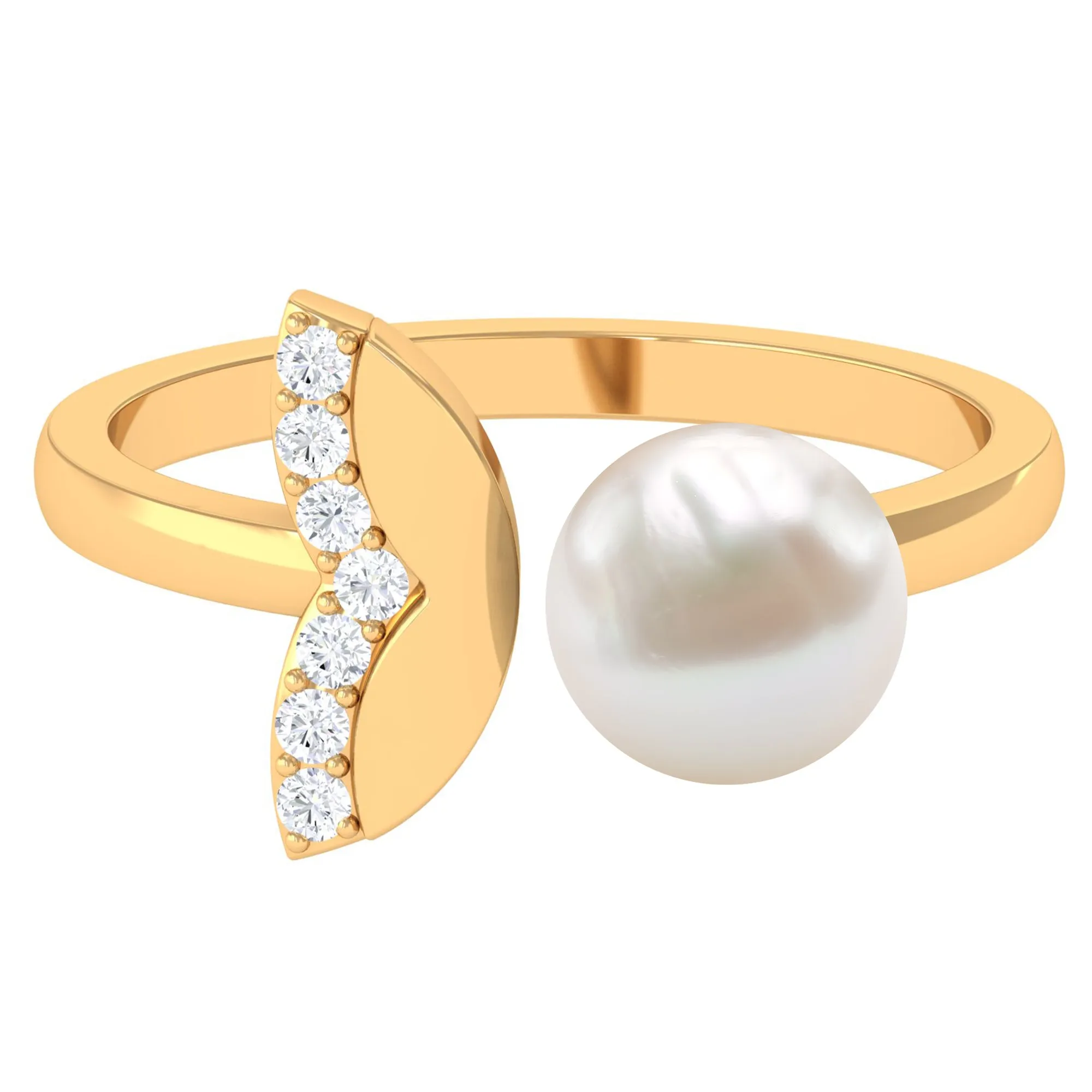 Round Freshwater Pearl Solitaire Cuff Ring with Diamond