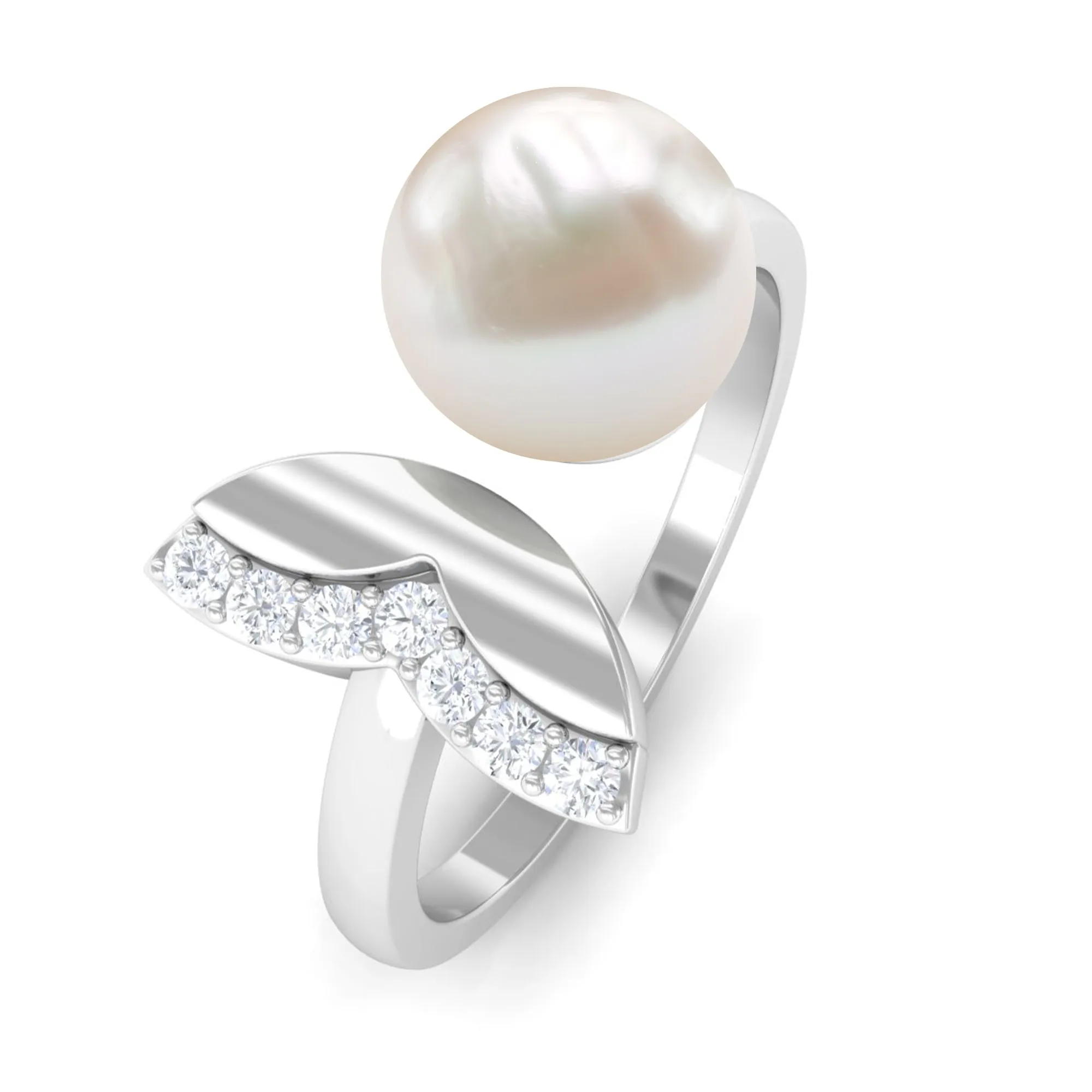 Round Freshwater Pearl Solitaire Cuff Ring with Diamond