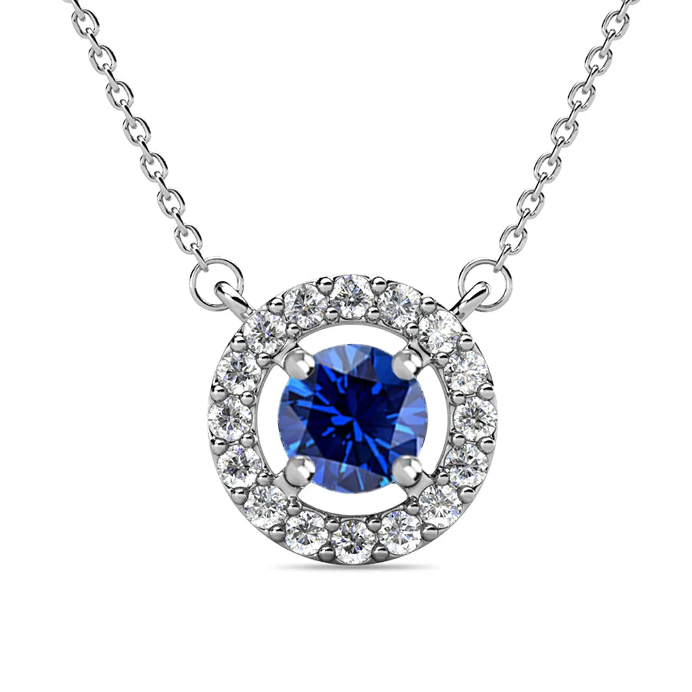 Royal 18k White Gold Plated September Birthstone Halo Necklace with Round Cut Sapphire Swarovski Crystals