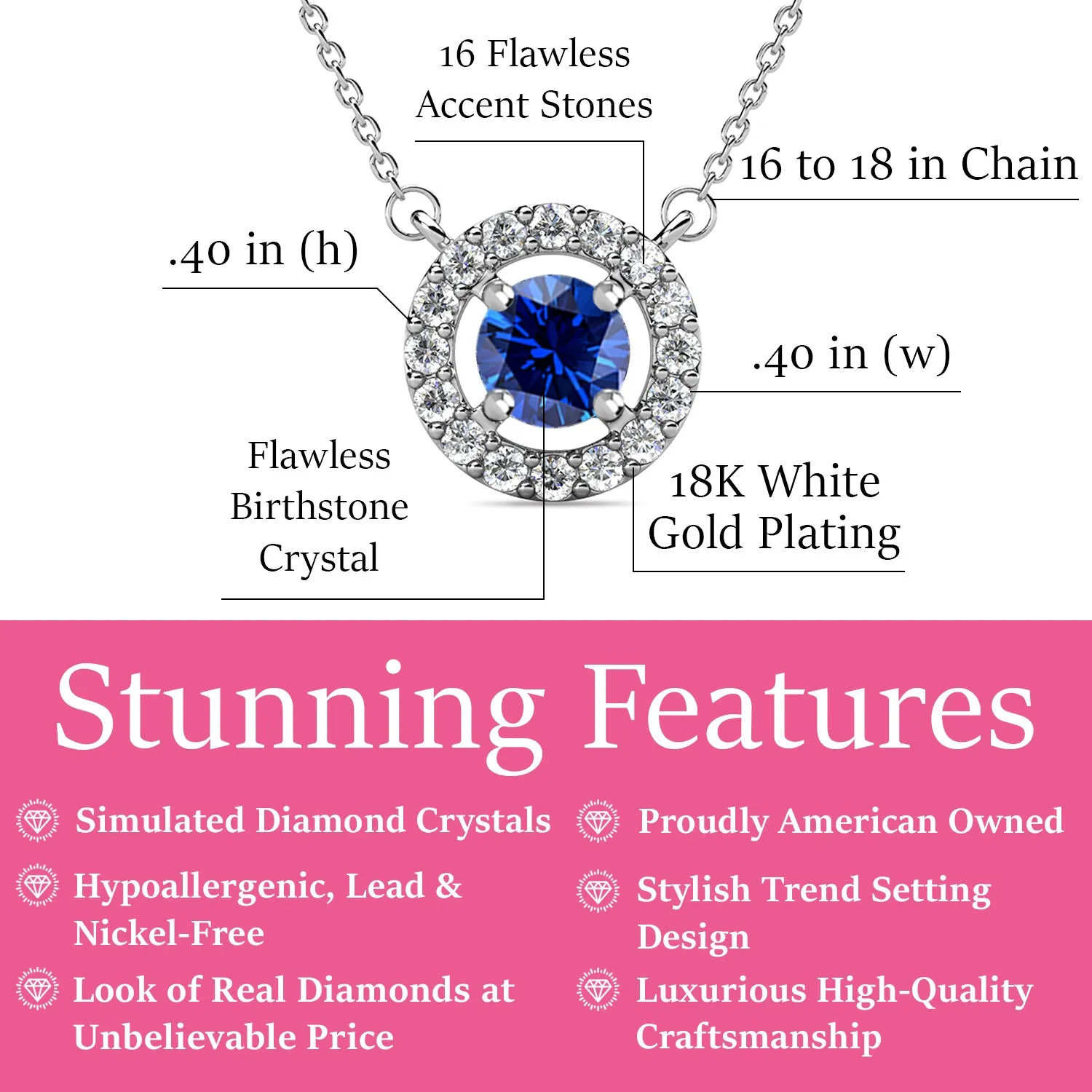 Royal 18k White Gold Plated September Birthstone Halo Necklace with Round Cut Sapphire Swarovski Crystals