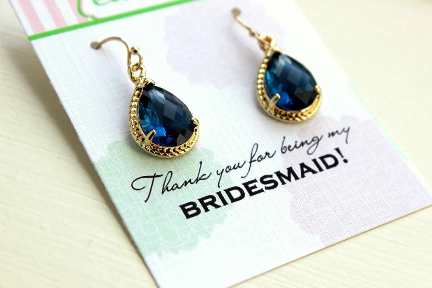 Sapphire Earrings Navy Blue Teardrop Gold - Bridesmaid Earrings - Bridesmaid Thank You Note Card - Sapphire Wedding Jewelry - Something Blue