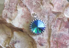 Sapphire Glacier Blue Rivoli Crystal Sterling Silver Pendant Necklace