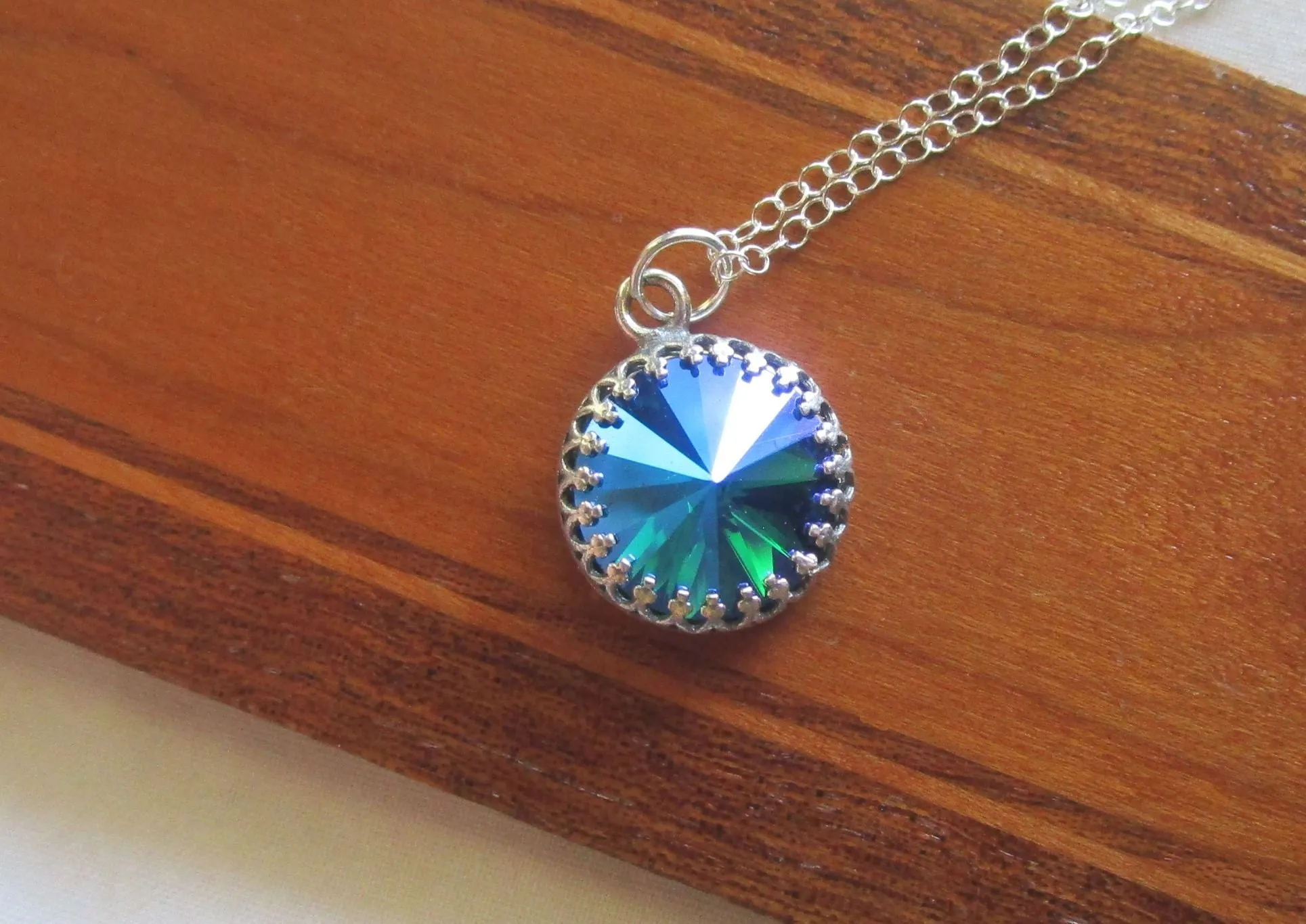 Sapphire Glacier Blue Rivoli Crystal Sterling Silver Pendant Necklace