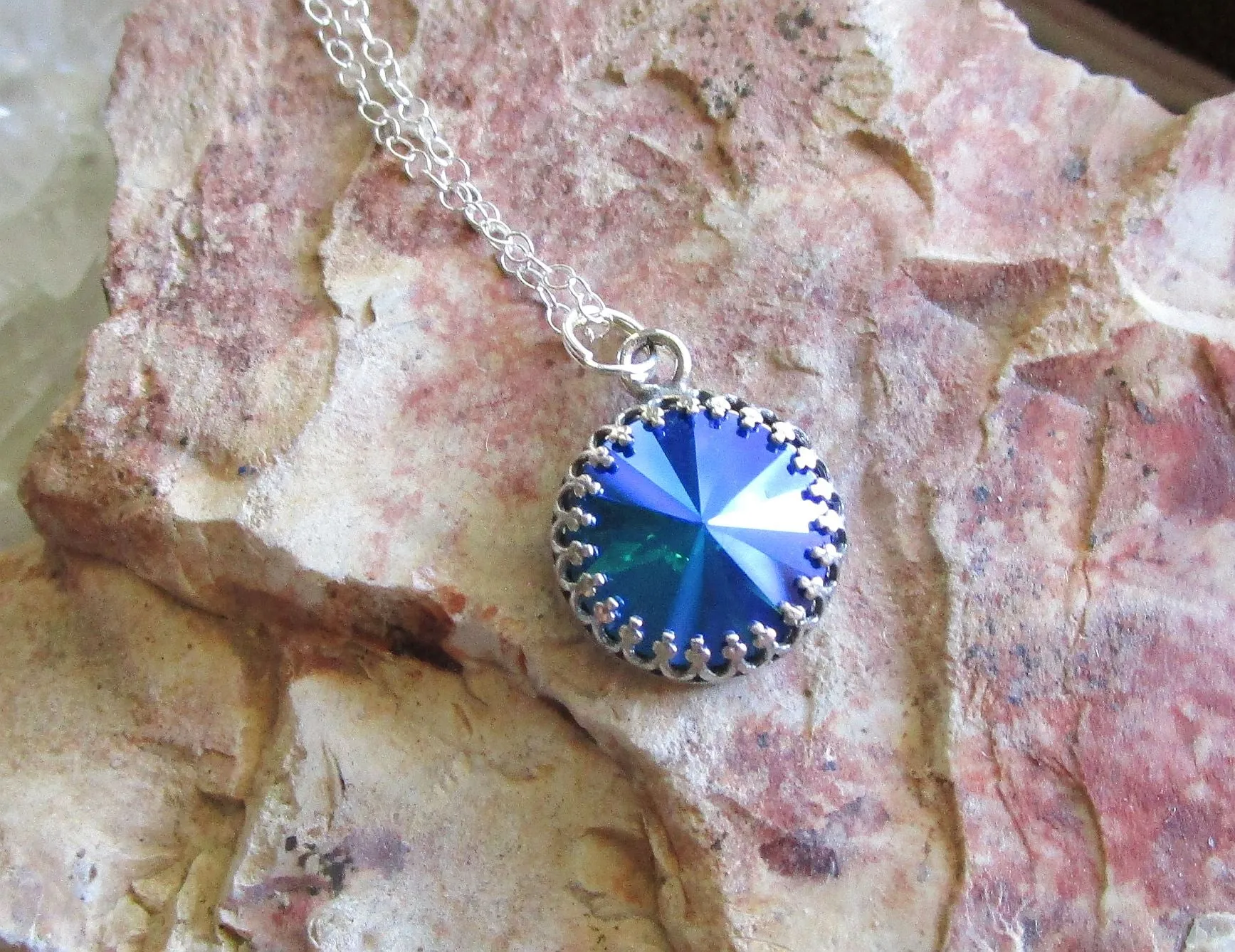 Sapphire Glacier Blue Rivoli Crystal Sterling Silver Pendant Necklace