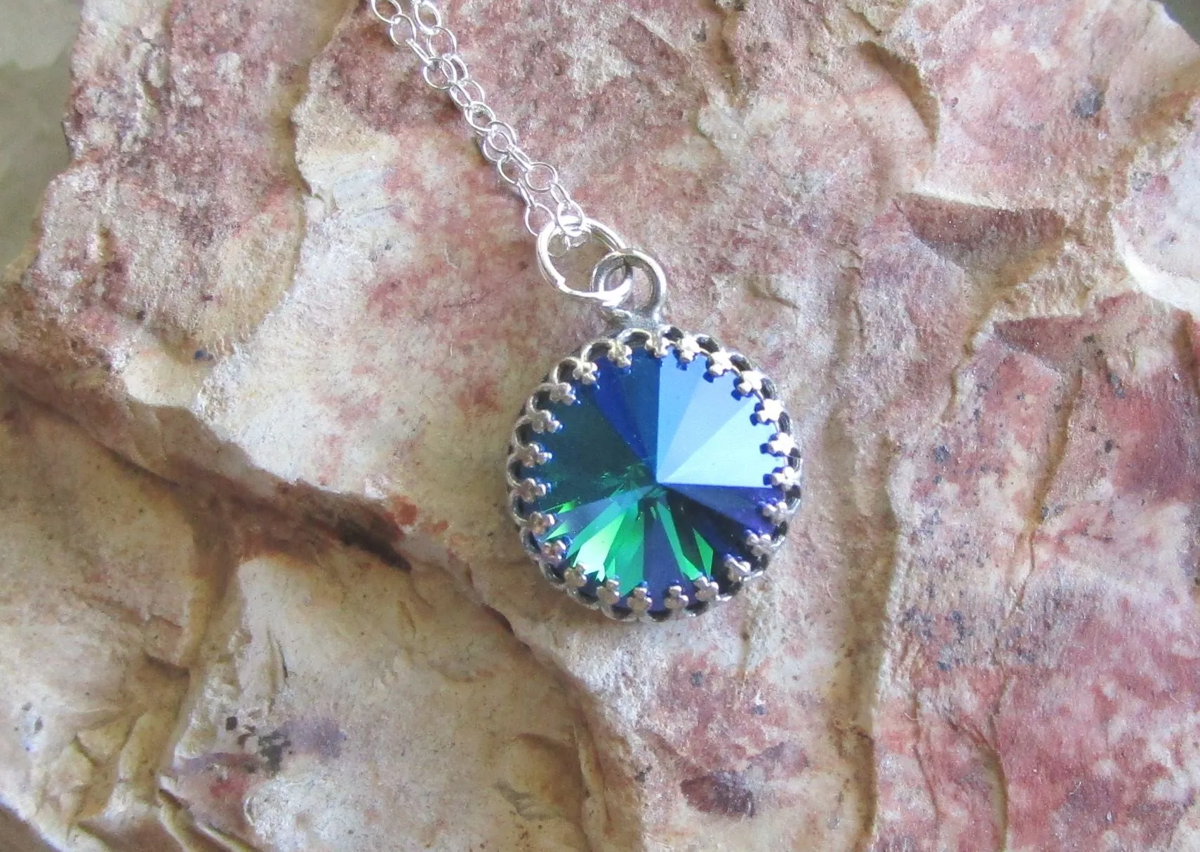 Sapphire Glacier Blue Rivoli Crystal Sterling Silver Pendant Necklace