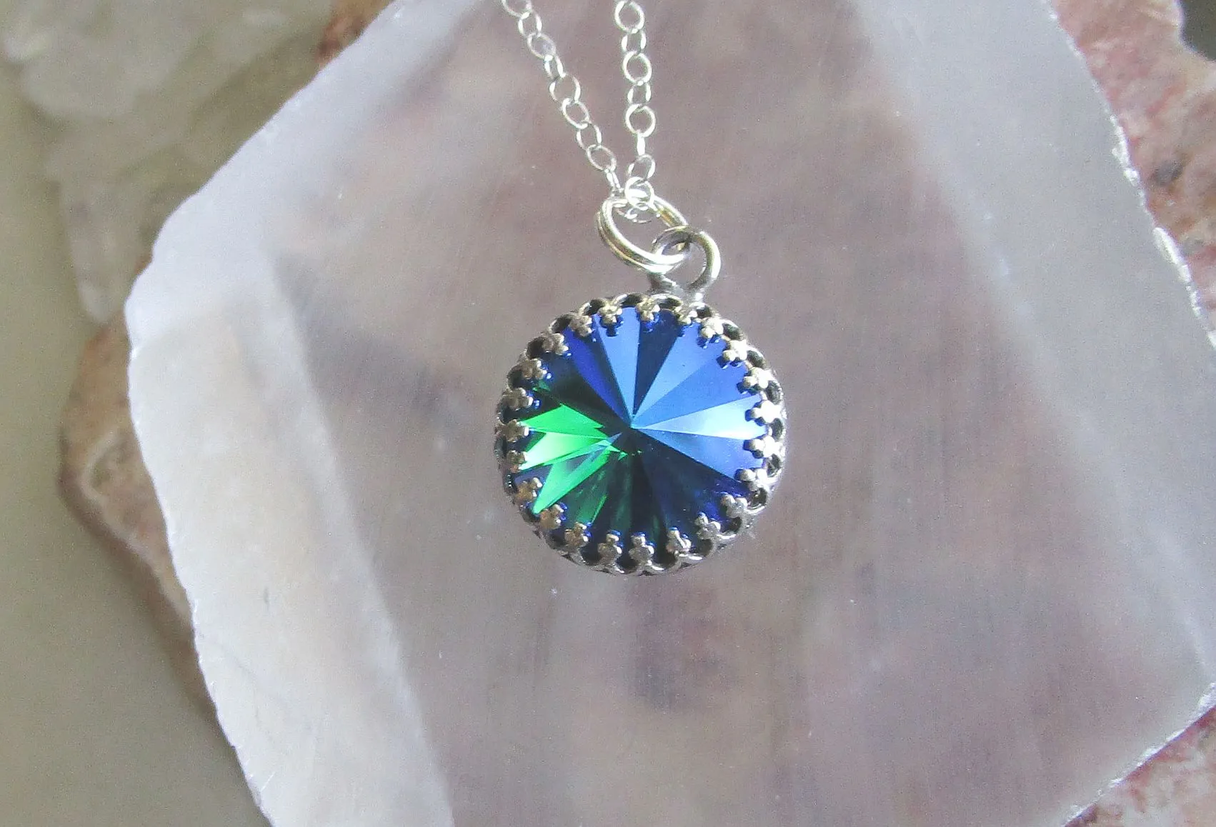 Sapphire Glacier Blue Rivoli Crystal Sterling Silver Pendant Necklace