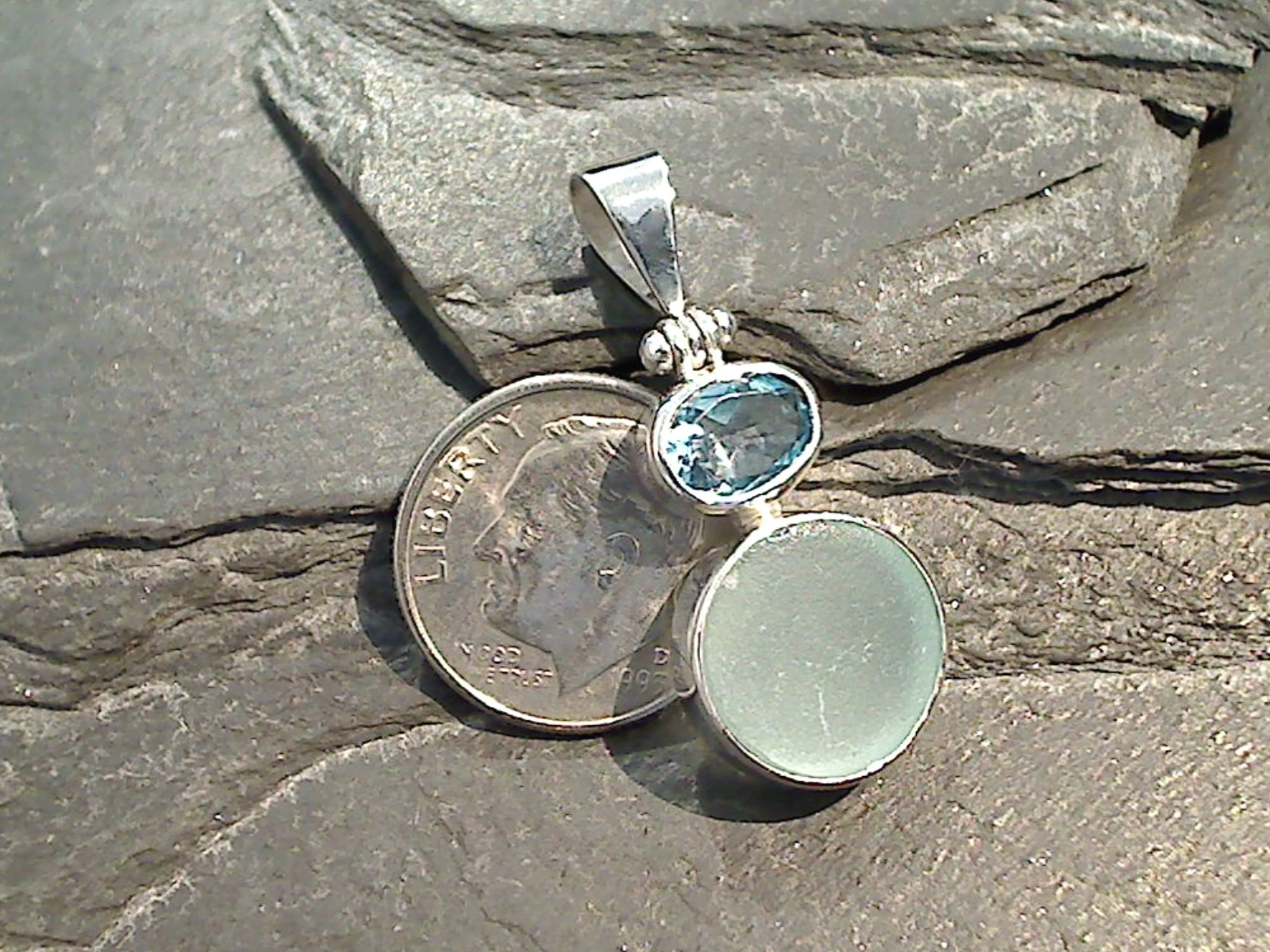 Sea Glass, Blue Topaz, Sterling Silver Pendant