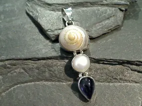 Sea Shell, Pearl, Iolite, Sterling Silver Pendant