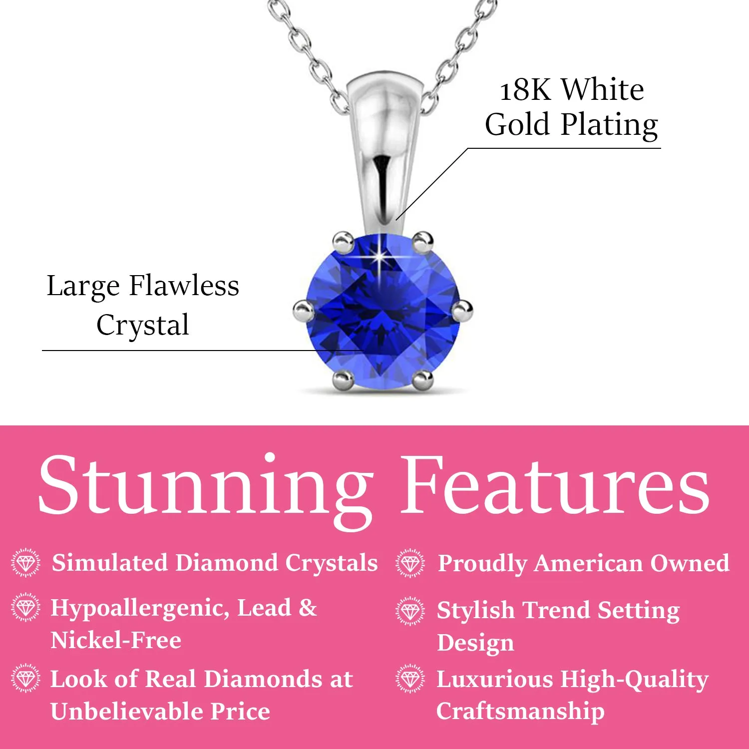 September Birthstone Sapphire Necklace 18k White Gold Plated Solitaire Necklace with 1CT Swarovski Crystal