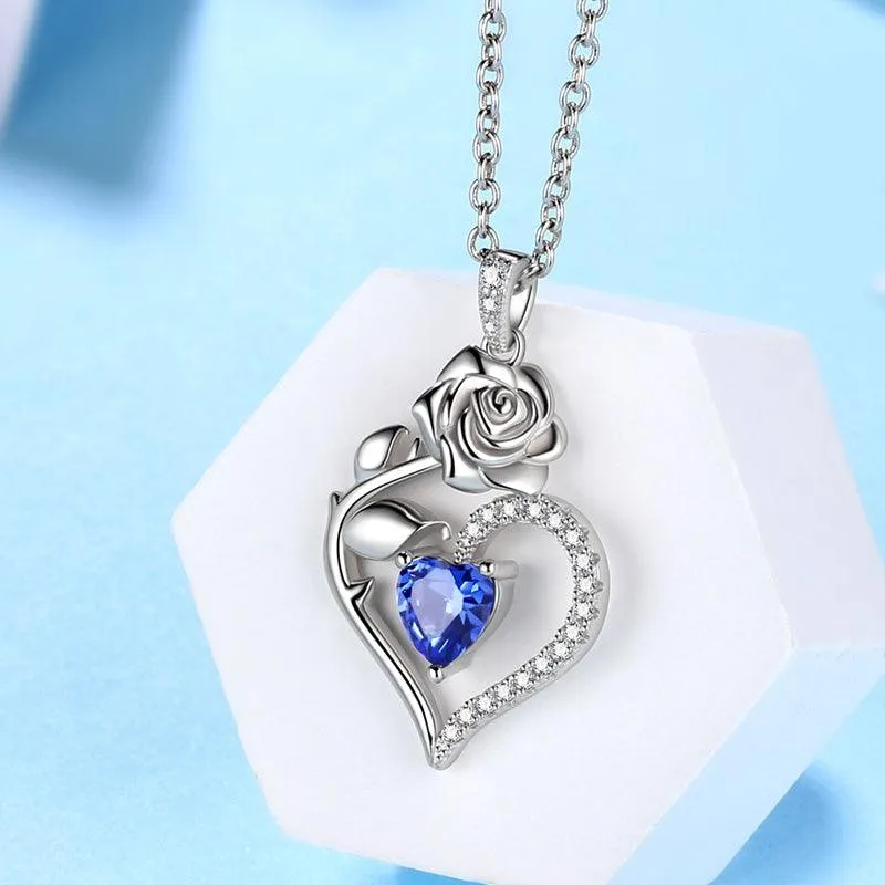 September Sapphire Necklace Women Heart Birthstone Pendant Flower Rose Jewelry Birthday Gifts