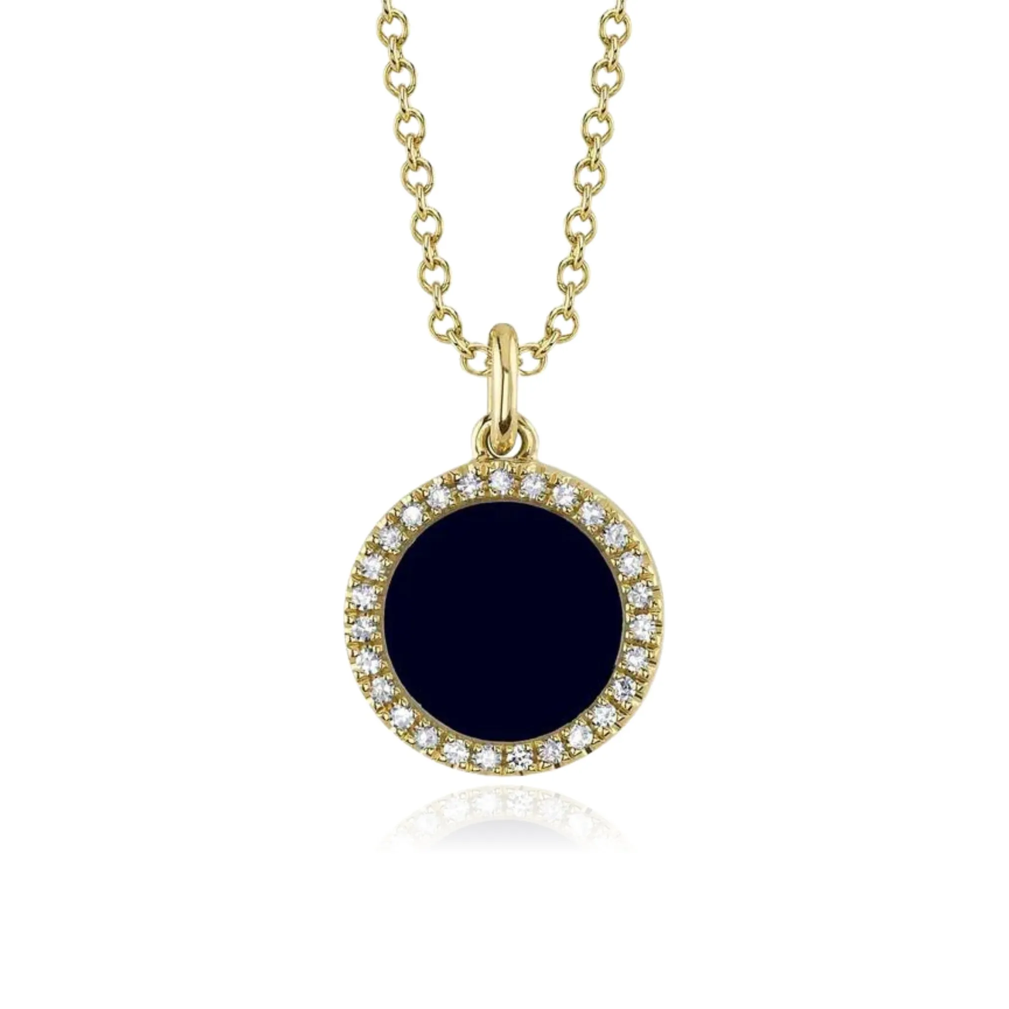 SHY CREATION 14K YELLOW GOLD DOUBLE SIDED ONYX AND MOTHER OF PEARL DIAMOND CIRCLE NECKLACE