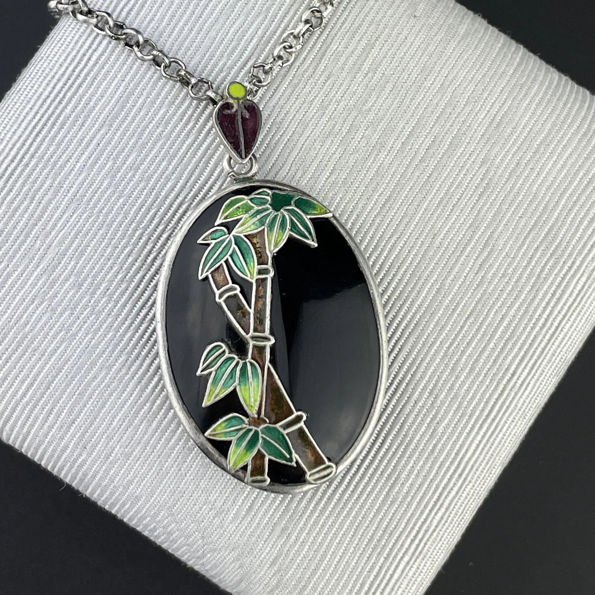 Silver Enamel Black Onyx Bamboo Pendant Necklace