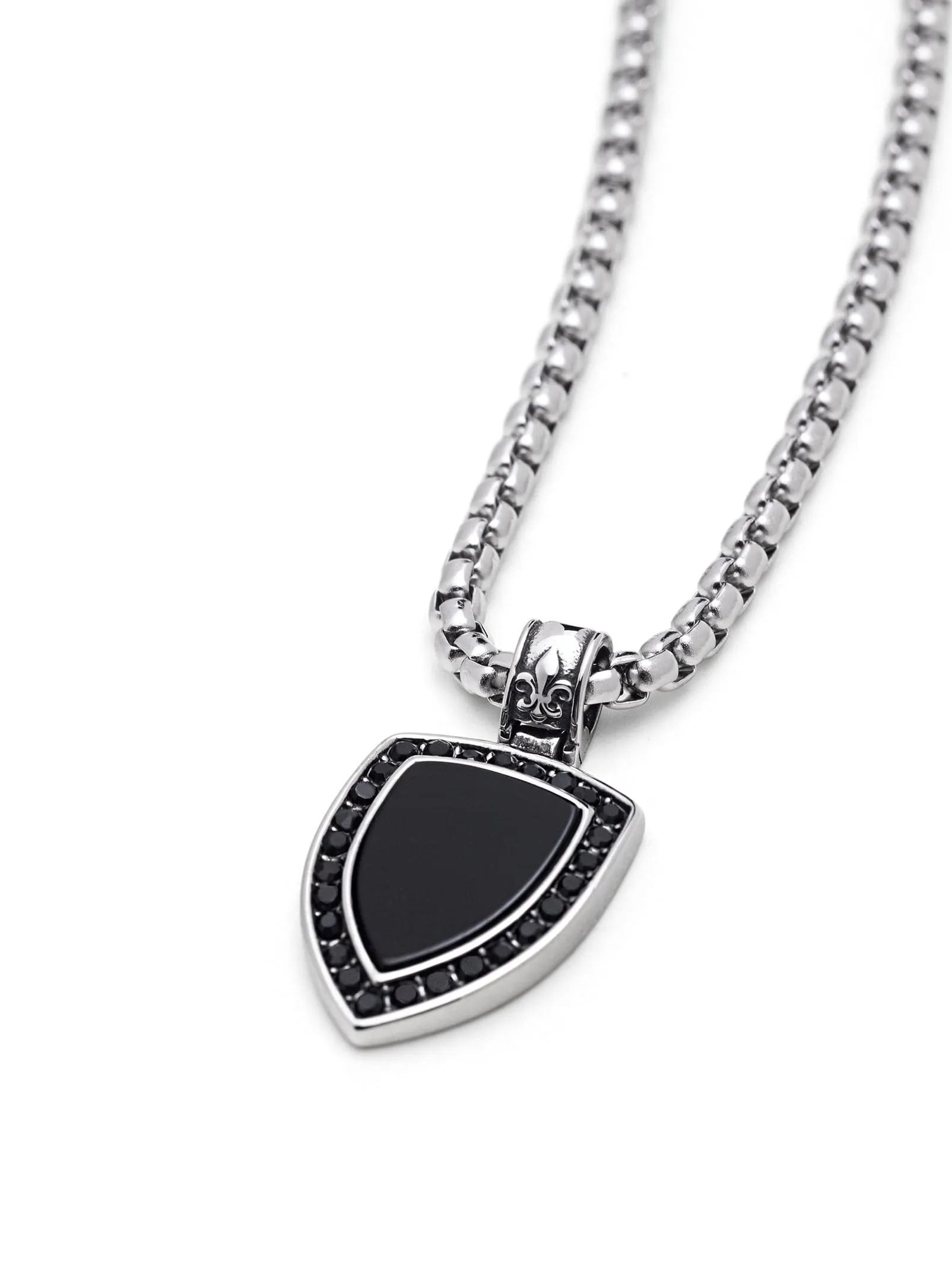 Silver Necklace with Black Onyx Shield Pendant