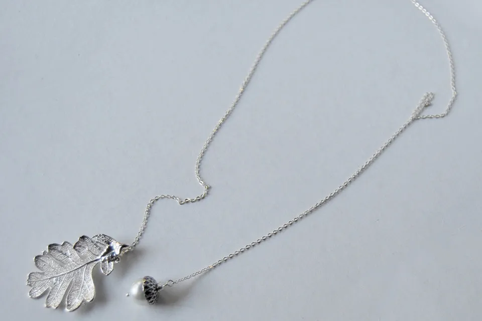 Silver Oak Leaf and Acorn Lariat | Electroformed Nature | Fall Leaf Lariat